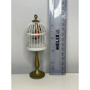 Vintage Dollhouse Miniature White Brass-Colored Metal Bird Cage Trinket Figurine